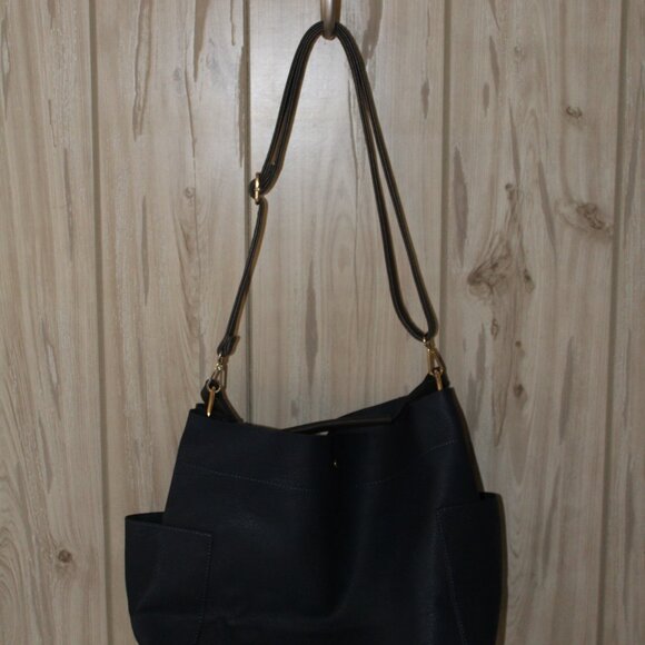 Women Dark Blue Bucket Bag 2 Straps Over Shoulder + Briefcase Handle Style - Picture 15 of 15